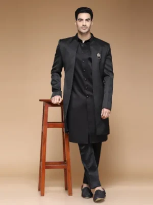 Black Dotted Open Jacket Sherwani